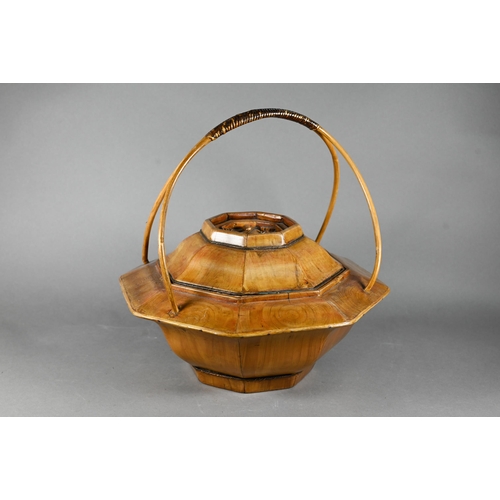 587 - A 20th century Chinese hardwood brass mounted teapot caddy/carrier carved with happiness symbol (shu... 