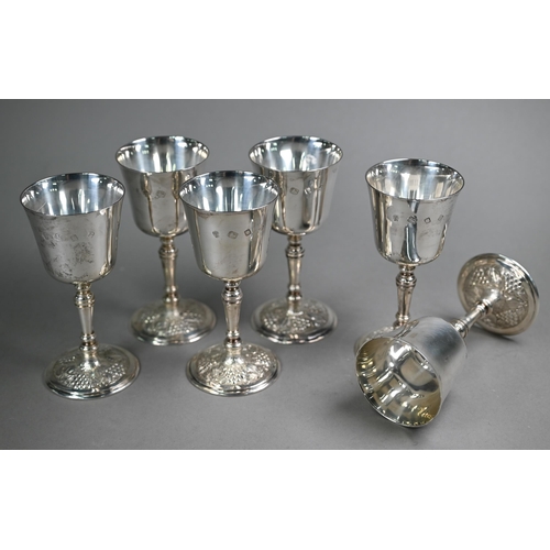 59 - A set of six heavy quality silver goblets on baluster stems with vine-chased bases, C.J. Vander Ltd,... 