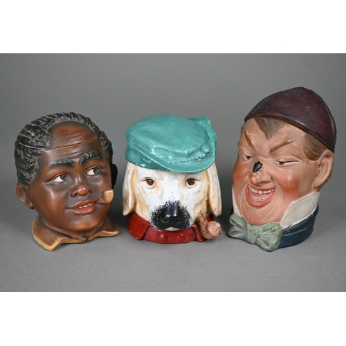 593 - Three Continental china novelty tobacco jar heads including dog with hat and pipe, man in smoking-ca... 