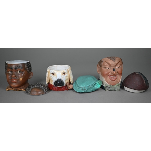 593 - Three Continental china novelty tobacco jar heads including dog with hat and pipe, man in smoking-ca... 