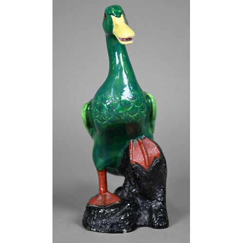 597 - An Edwardian Crown Staffordshire porcelain green-glazed duck, in the Chinese manner, 24 cm high