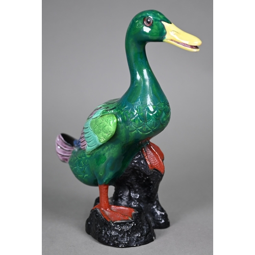 597 - An Edwardian Crown Staffordshire porcelain green-glazed duck, in the Chinese manner, 24 cm high