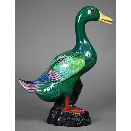 597 - An Edwardian Crown Staffordshire porcelain green-glazed duck, in the Chinese manner, 24 cm high