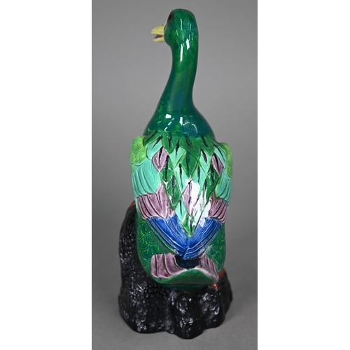 597 - An Edwardian Crown Staffordshire porcelain green-glazed duck, in the Chinese manner, 24 cm high