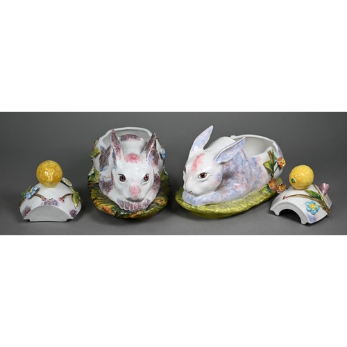 601 - Three Italian vintage majolica rabbit tureens with lemon finial, 31/22 cm long (3)