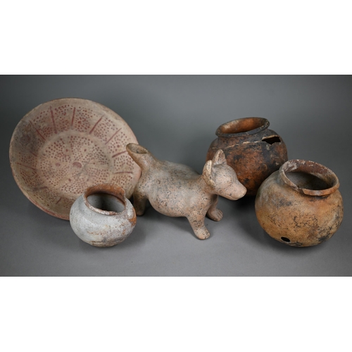 603 - A Mexican earthenware replica Colima Dog ritualistic ewer, 29 cm long (cracked beneath) to/w a 29.5 ... 