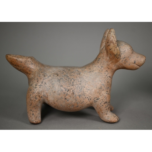 603 - A Mexican earthenware replica Colima Dog ritualistic ewer, 29 cm long (cracked beneath) to/w a 29.5 ... 