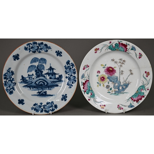 606 - An 18th century Delft blue and white plate, painted with lakeside pagoda, 23.5 cm to/w an 18th centu... 