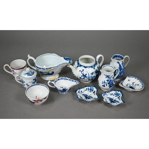 607 - A collection of First Period Worcester/Caughley blue and white porcelain including teapot (lacks lid... 