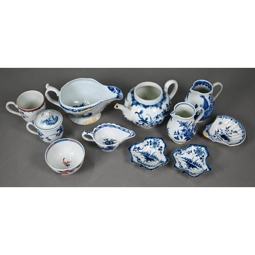 607 - A collection of First Period Worcester/Caughley blue and white porcelain including teapot (lacks lid... 