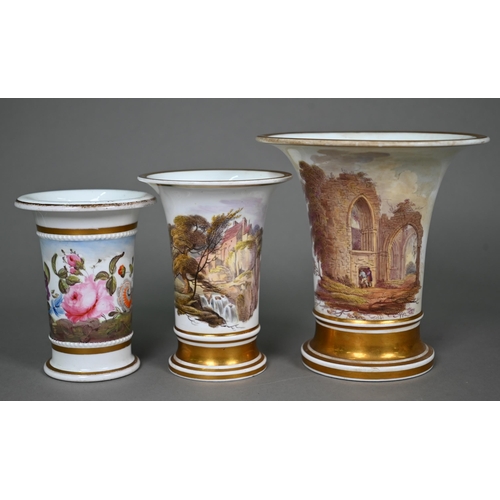 608 - An early 19th century Continental porcelain vase with flared rim, painted with abbey ruin, 13.5 cm a... 