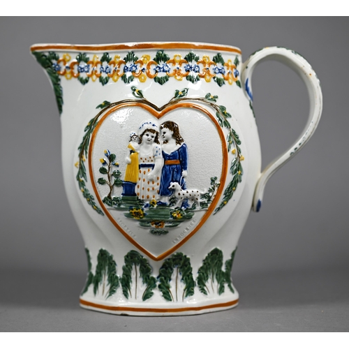 609 - A Pratt-type pearlware jug moulded and painted with children involved in 'Sporting Innocence' and 'M... 