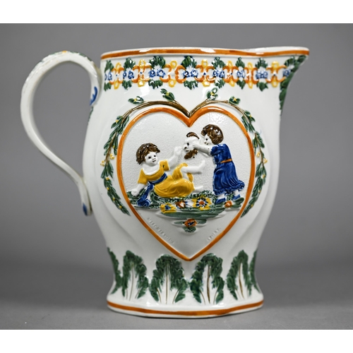 609 - A Pratt-type pearlware jug moulded and painted with children involved in 'Sporting Innocence' and 'M... 