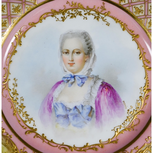 613 - A Louis-Phillipe Sèvres cabinet plate painted with a portrait of Mme de Pompadour signed 'Morin', th... 