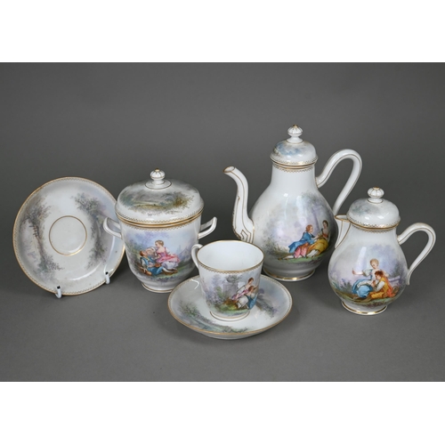 614 - A 19th century French porcelain coffee for two service, painted with courting couples in the manner ... 