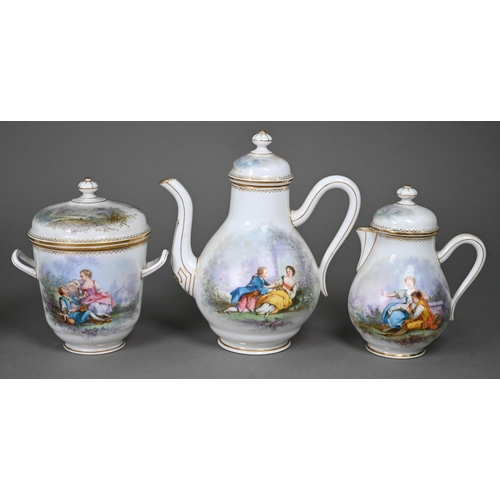 614 - A 19th century French porcelain coffee for two service, painted with courting couples in the manner ... 