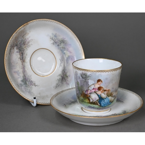 614 - A 19th century French porcelain coffee for two service, painted with courting couples in the manner ... 