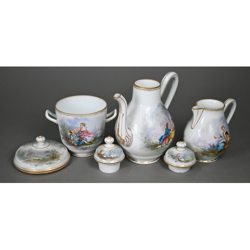 614 - A 19th century French porcelain coffee for two service, painted with courting couples in the manner ... 