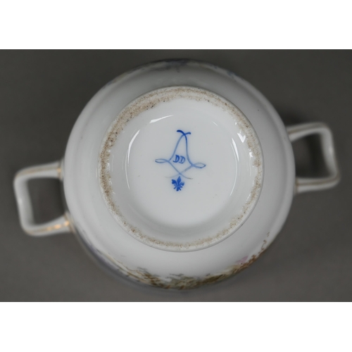 614 - A 19th century French porcelain coffee for two service, painted with courting couples in the manner ... 