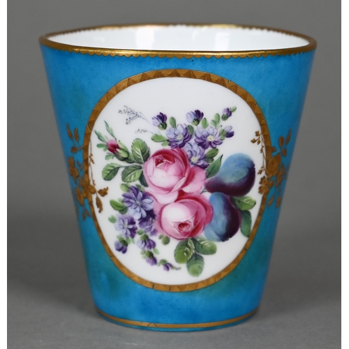 615 - A 19th century Sèvres porcelain tapering beaker painted with floral sprays on a ciel bleu and gilded... 