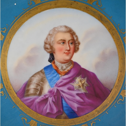 617 - A 19th century Sèvres porcelain large circular tray, painted with a portrait of Louis XV, encircled ... 