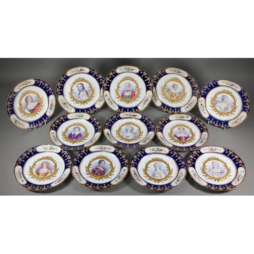 618 - A set of twelve Sèvres cabinet plates, painted with 17th and 18th century French Royal Mistresses an... 