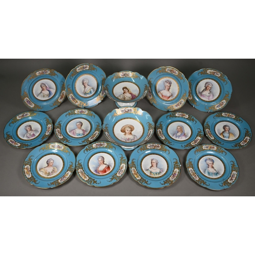 A set of twelve Sèvres porcelain cabinet plates, painted with portraits of Royal and Aristocratic ladies and mistresses signed G Georges, within ciel bleu rims with musical trophy reserves and gilding, 22.5 cm diam to/w two matching comports, dated 1864, gilding marks for 1878 (14)