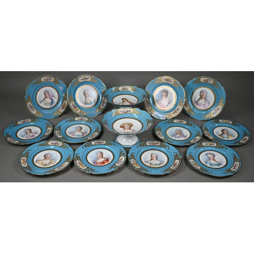 619 - A set of twelve Sèvres porcelain cabinet plates, painted with portraits of Royal and Aristocratic la... 