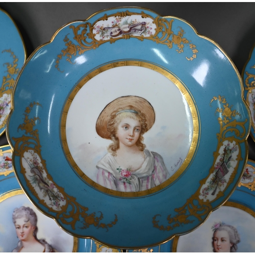 619 - A set of twelve Sèvres porcelain cabinet plates, painted with portraits of Royal and Aristocratic la... 