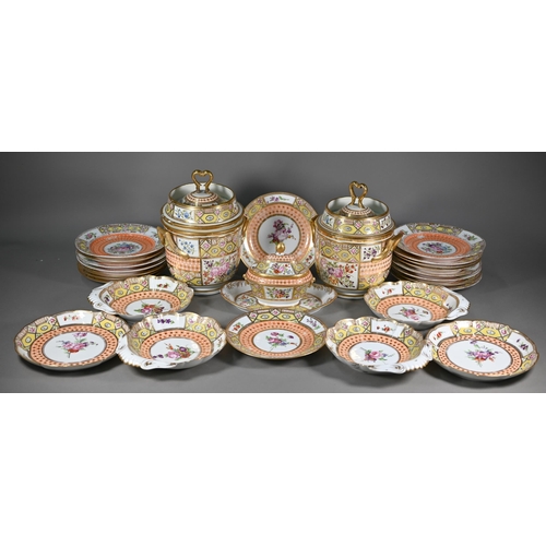 620 - A 19th century 'Church Gresley' pattern ice cream service with Sèvres mark, painted with floral spra... 