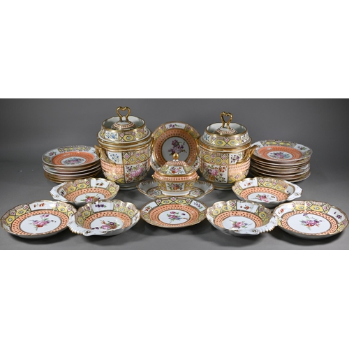 620 - A 19th century 'Church Gresley' pattern ice cream service with Sèvres mark, painted with floral spra... 