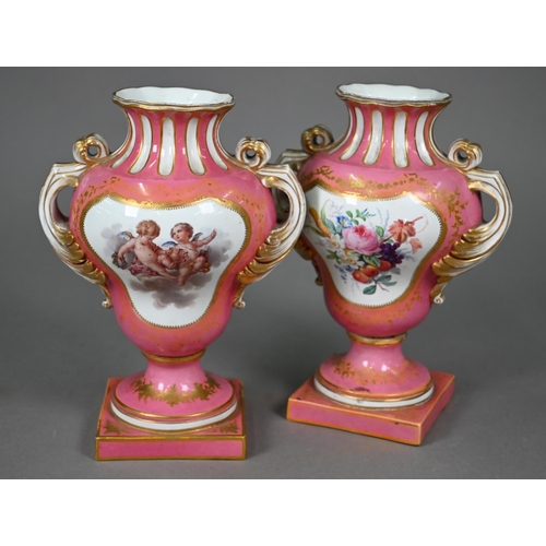 621 - A pair of 19th century Sèvres porcelain vases with twin foliate handles, on stemmed square bases, th... 