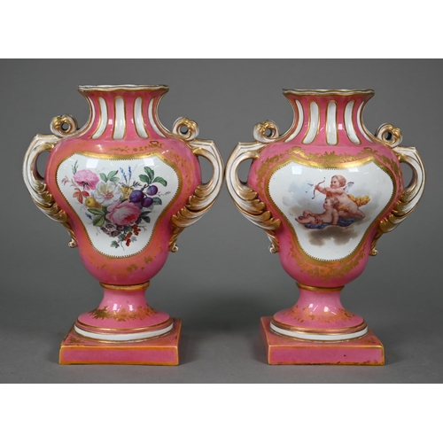 621 - A pair of 19th century Sèvres porcelain vases with twin foliate handles, on stemmed square bases, th... 