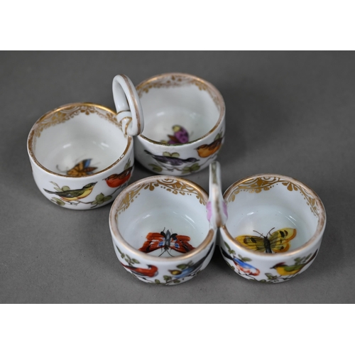 623 - Two 19th century Meissen porcelain double salts with ring handles, outside decorated with birds, mot... 