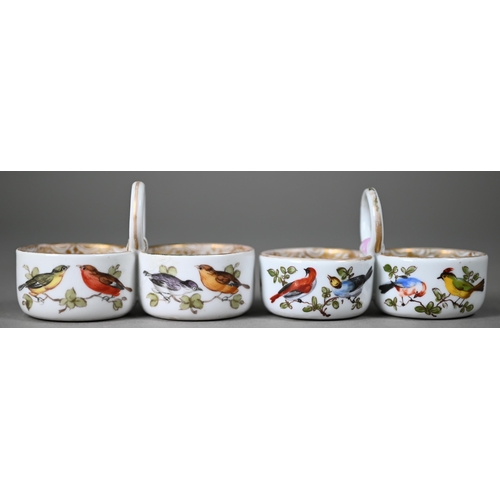 623 - Two 19th century Meissen porcelain double salts with ring handles, outside decorated with birds, mot... 