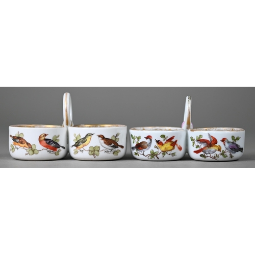 623 - Two 19th century Meissen porcelain double salts with ring handles, outside decorated with birds, mot... 