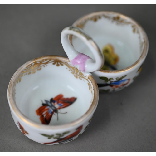 623 - Two 19th century Meissen porcelain double salts with ring handles, outside decorated with birds, mot... 