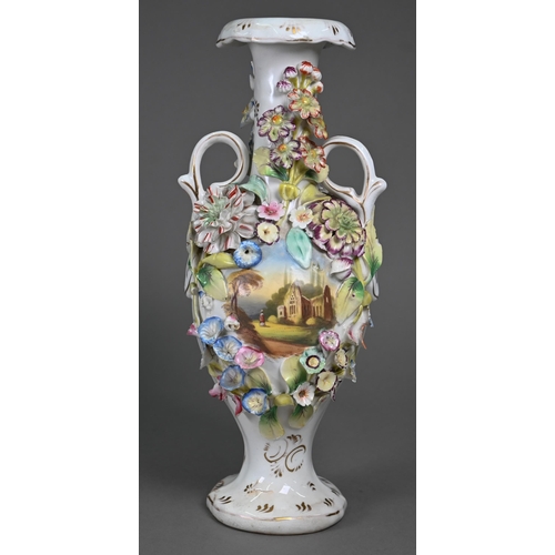 624 - A 19th century Staffordshire china floral-encrusted vase painted with castle and abbey ruin, 30 cm h... 