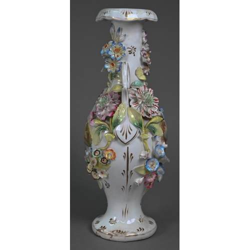 624 - A 19th century Staffordshire china floral-encrusted vase painted with castle and abbey ruin, 30 cm h... 