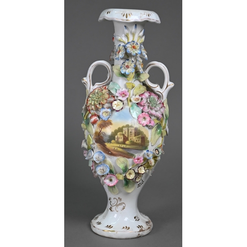 624 - A 19th century Staffordshire china floral-encrusted vase painted with castle and abbey ruin, 30 cm h... 