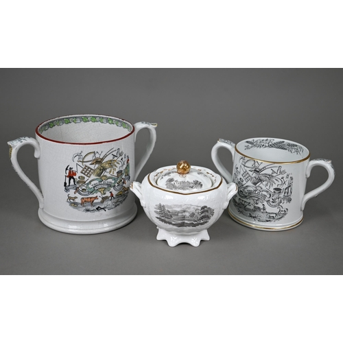 626 - Two 19th century Staffordshire pottery two handled loving cups, printed with 'God Speed the Plough',... 