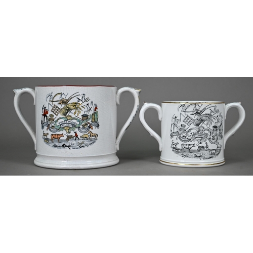 626 - Two 19th century Staffordshire pottery two handled loving cups, printed with 'God Speed the Plough',... 