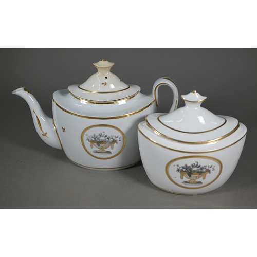 627 - Three Regency New Hall (probably) tea pots with gilt and enamel decoration, one with matching sugar ... 