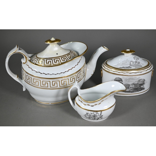 627 - Three Regency New Hall (probably) tea pots with gilt and enamel decoration, one with matching sugar ... 