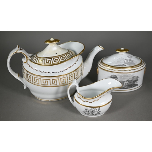 627 - Three Regency New Hall (probably) tea pots with gilt and enamel decoration, one with matching sugar ... 