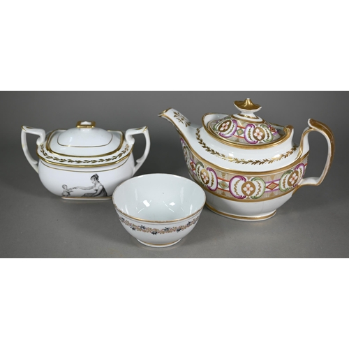 627 - Three Regency New Hall (probably) tea pots with gilt and enamel decoration, one with matching sugar ... 