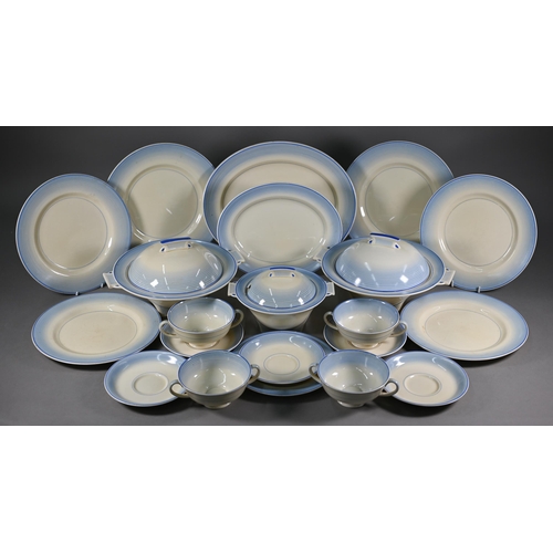 635 - A Royal Doulton Art Deco part dinner service with fading blue-banded decoration, comprising a pair o... 