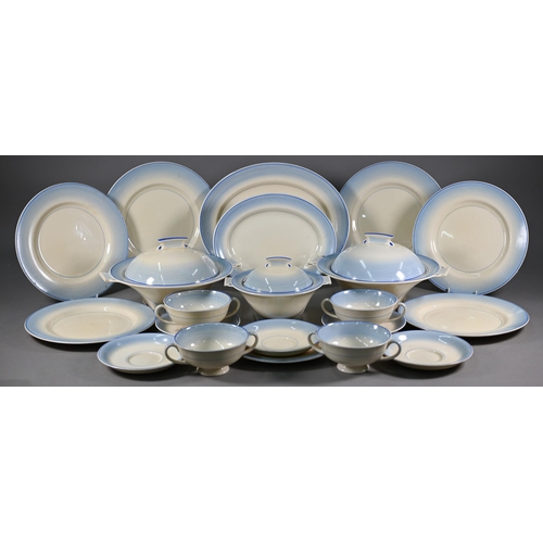 635 - A Royal Doulton Art Deco part dinner service with fading blue-banded decoration, comprising a pair o... 