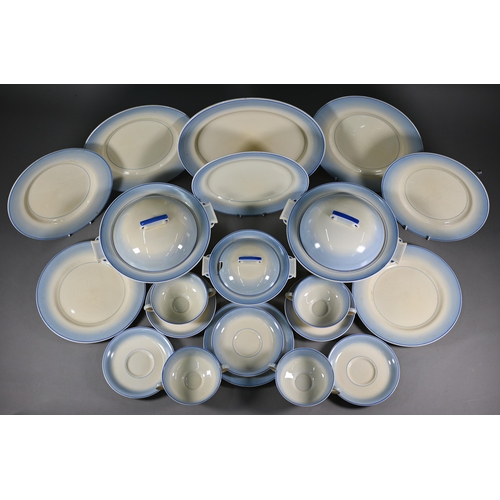 635 - A Royal Doulton Art Deco part dinner service with fading blue-banded decoration, comprising a pair o... 