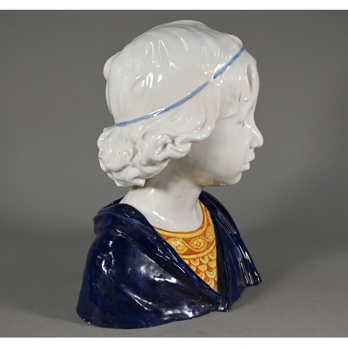 642 - An Angelo Minghetti & Son (Bologna, Italy) majolica bust of a Renaissance boy, 31 cm high